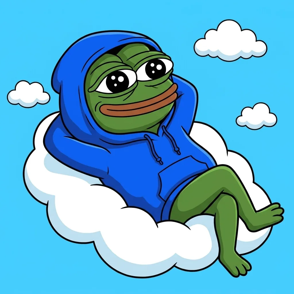 Pepe in hood relaxing on a cloud