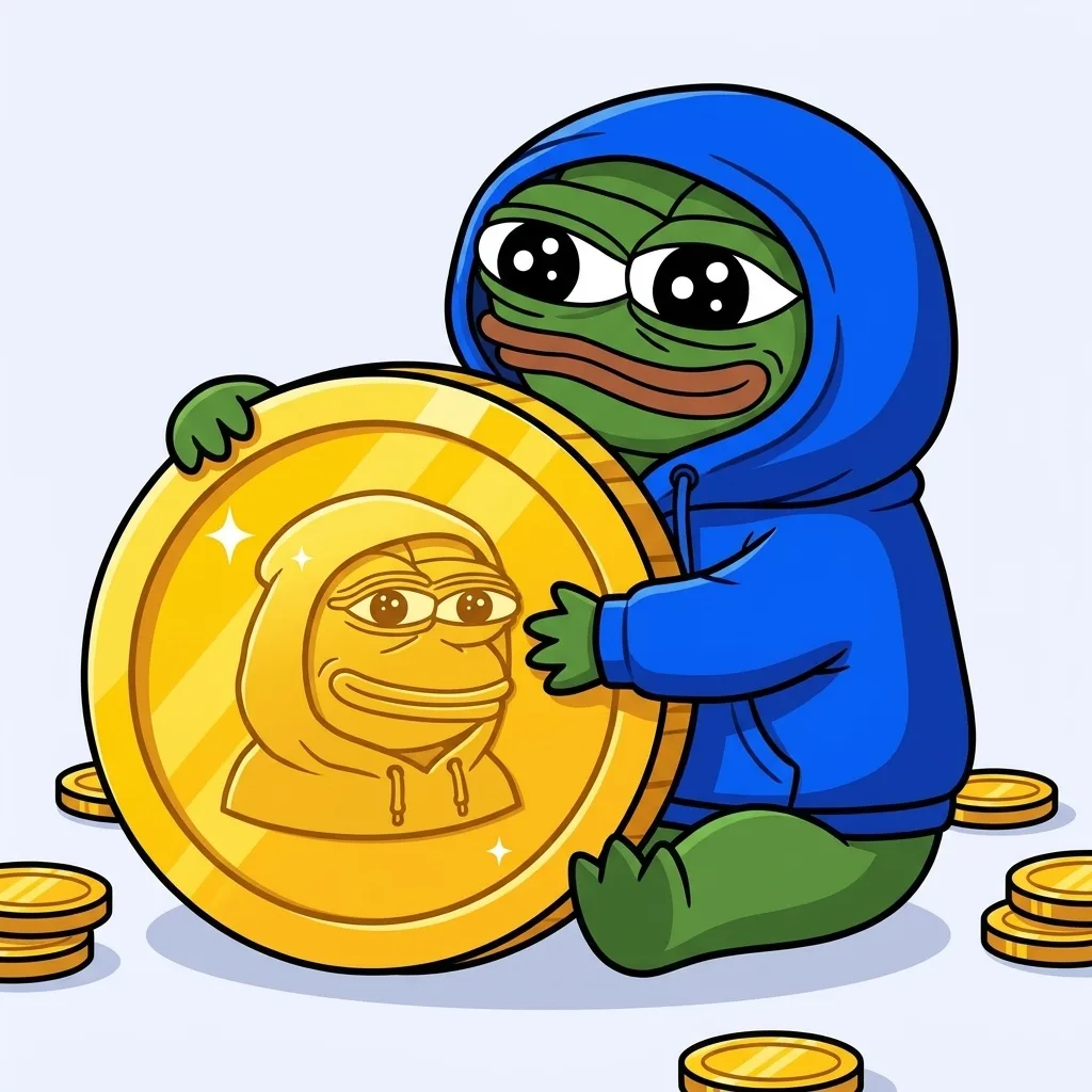 Pepe in hood hugging a giant gold coin