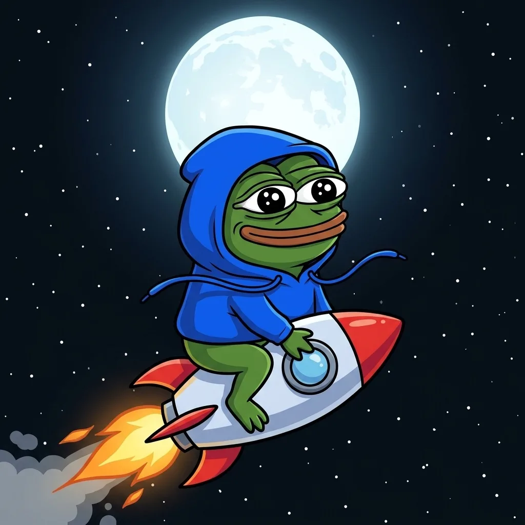 Pepe in hood riding a rocket to the moon